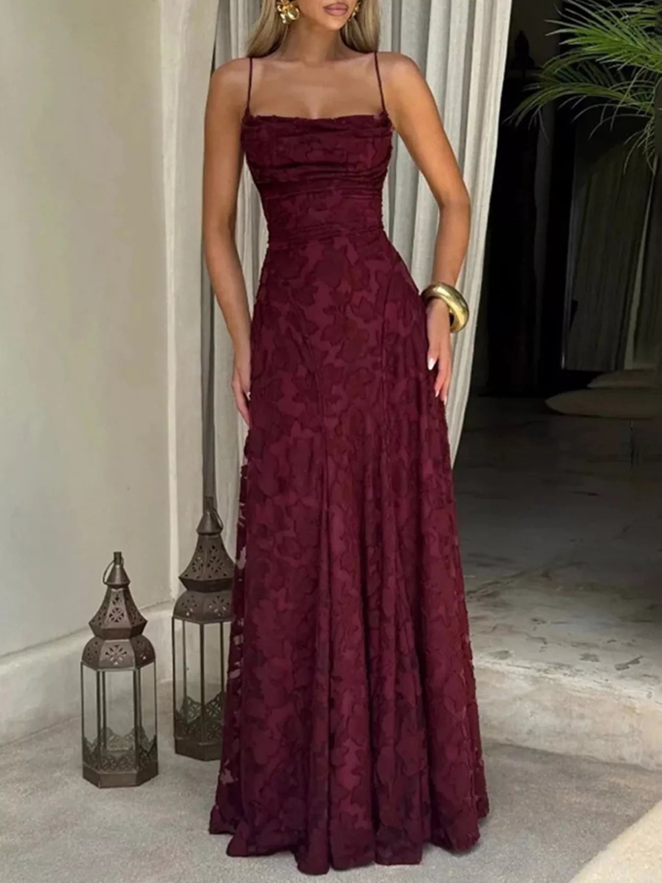 Colorful Couture Lace Spaghetti Strap Maxi Dress