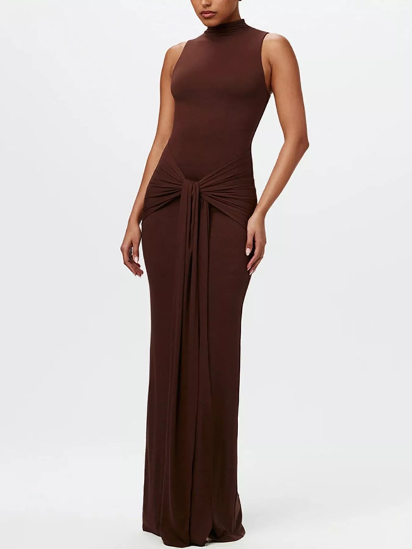 Honey Lane Sleeveless Mock Neck Knot Front Maxi Dress
