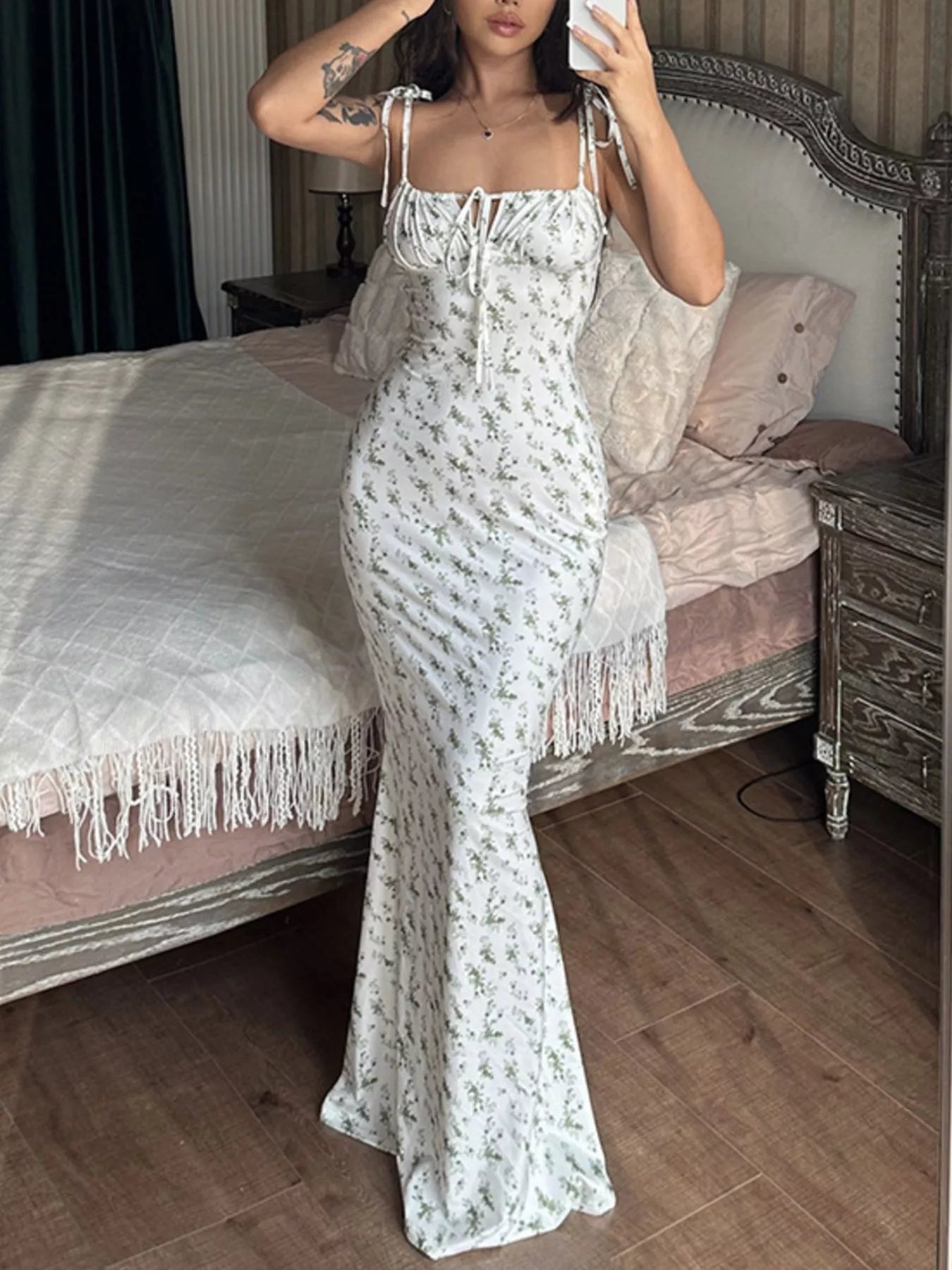 Calliope Floral Print Tie Strap Bodycon Maxi Dress