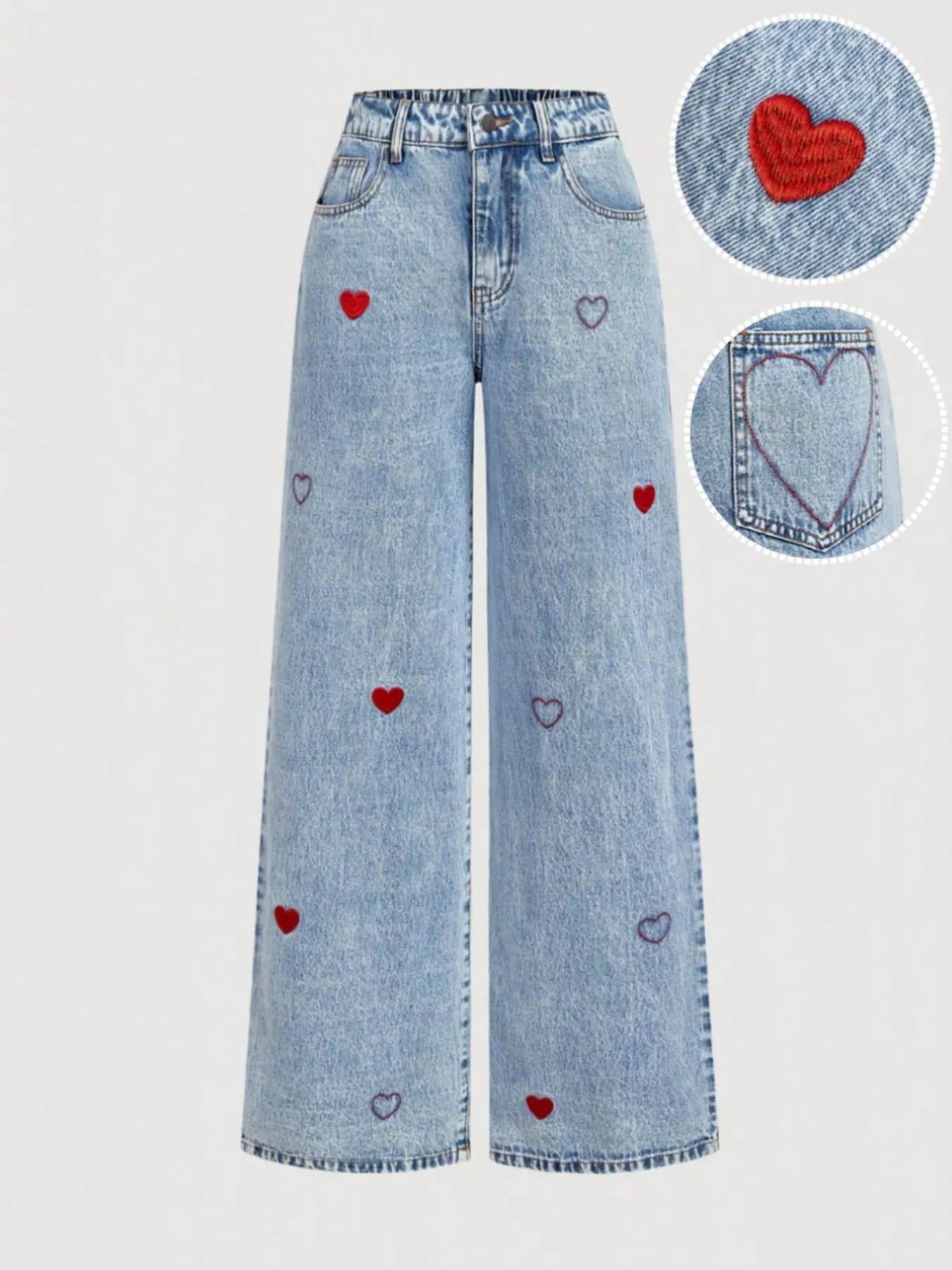 She Wild Embroidered Heart Wide-Leg Jeans