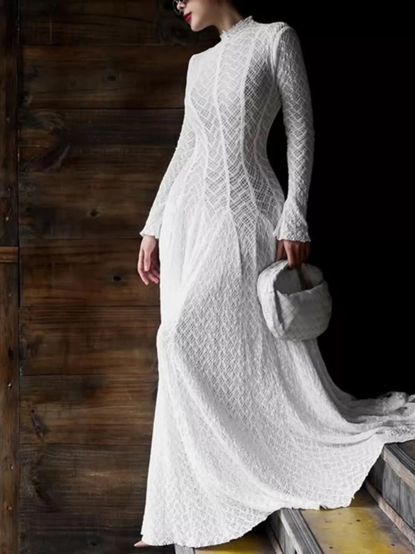 Colorful Couture Lace Mock Neck Long Sleeve Maxi Dress