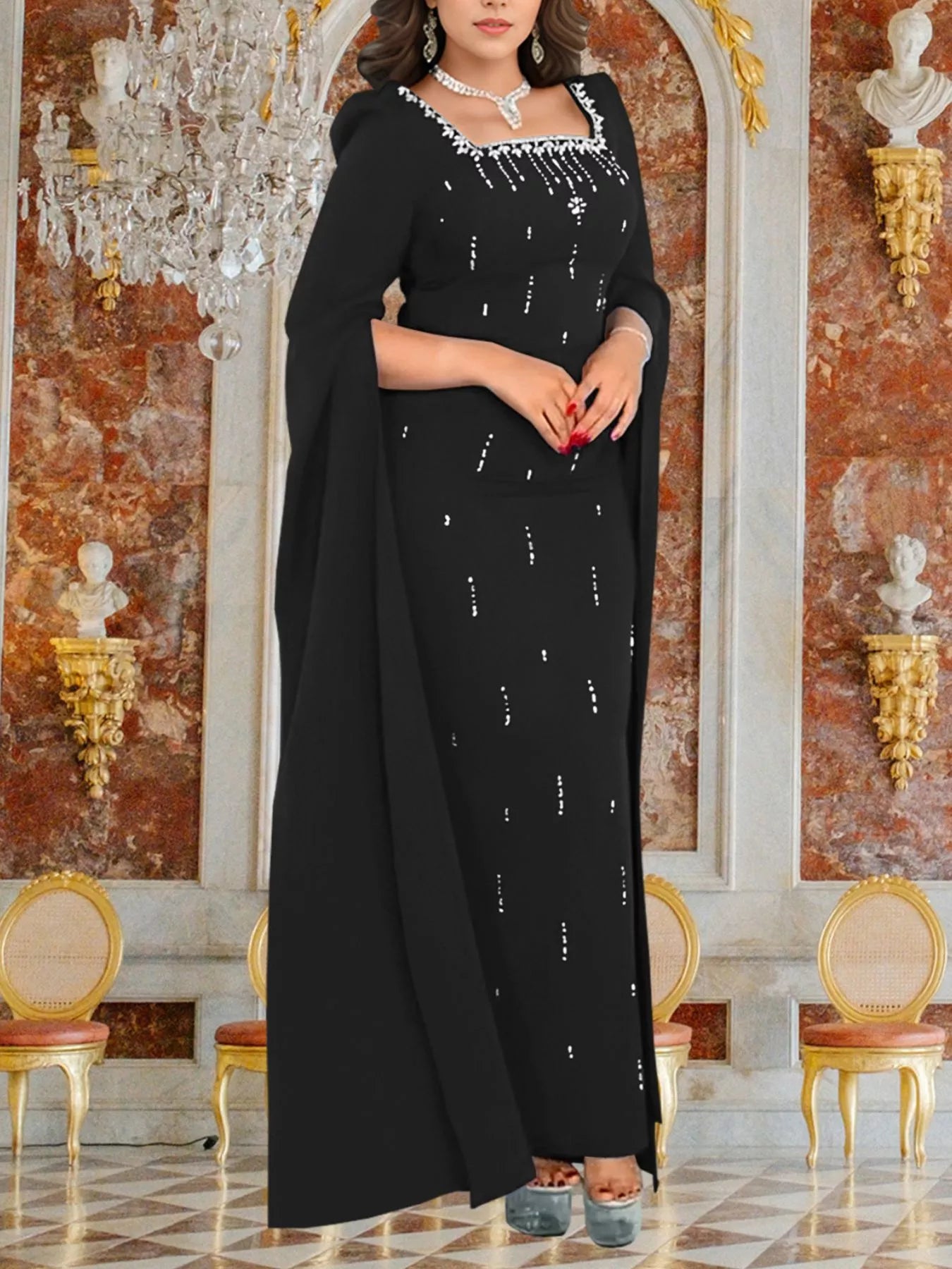 Vita Flow Rhinestone Square Neck Slit Sleeve Maxi Dress