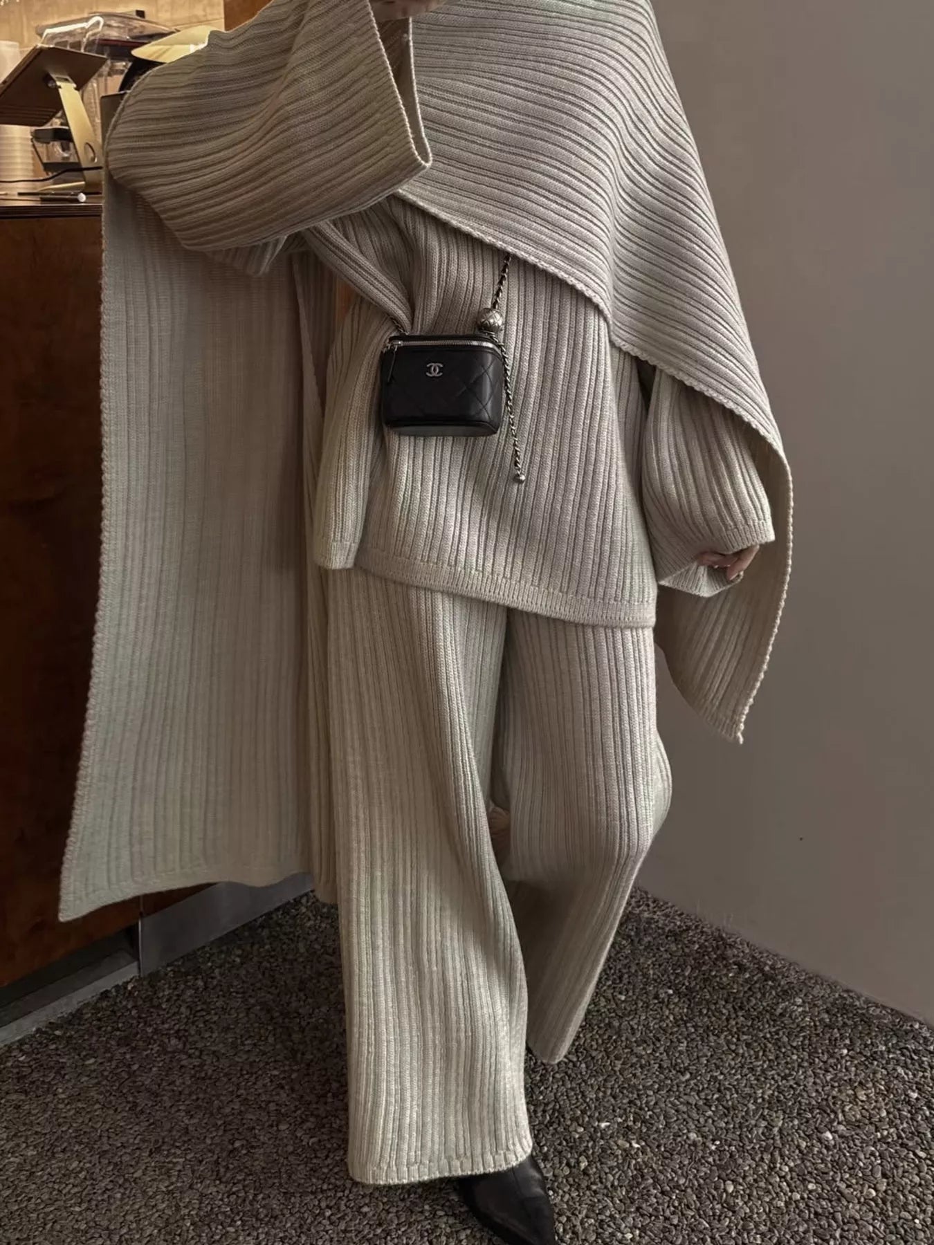NBSP 3-Piece Crew Neck Ribbed Sweater and Wide-Leg Pants Set with Scarf