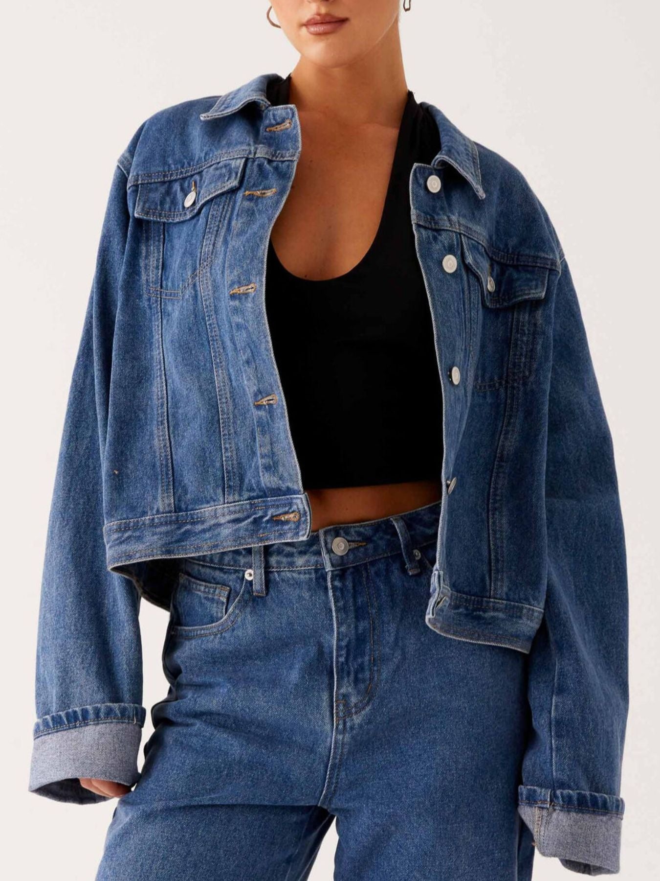 Dreamy Drapes Button Down Cropped Oversized Denim Jacket