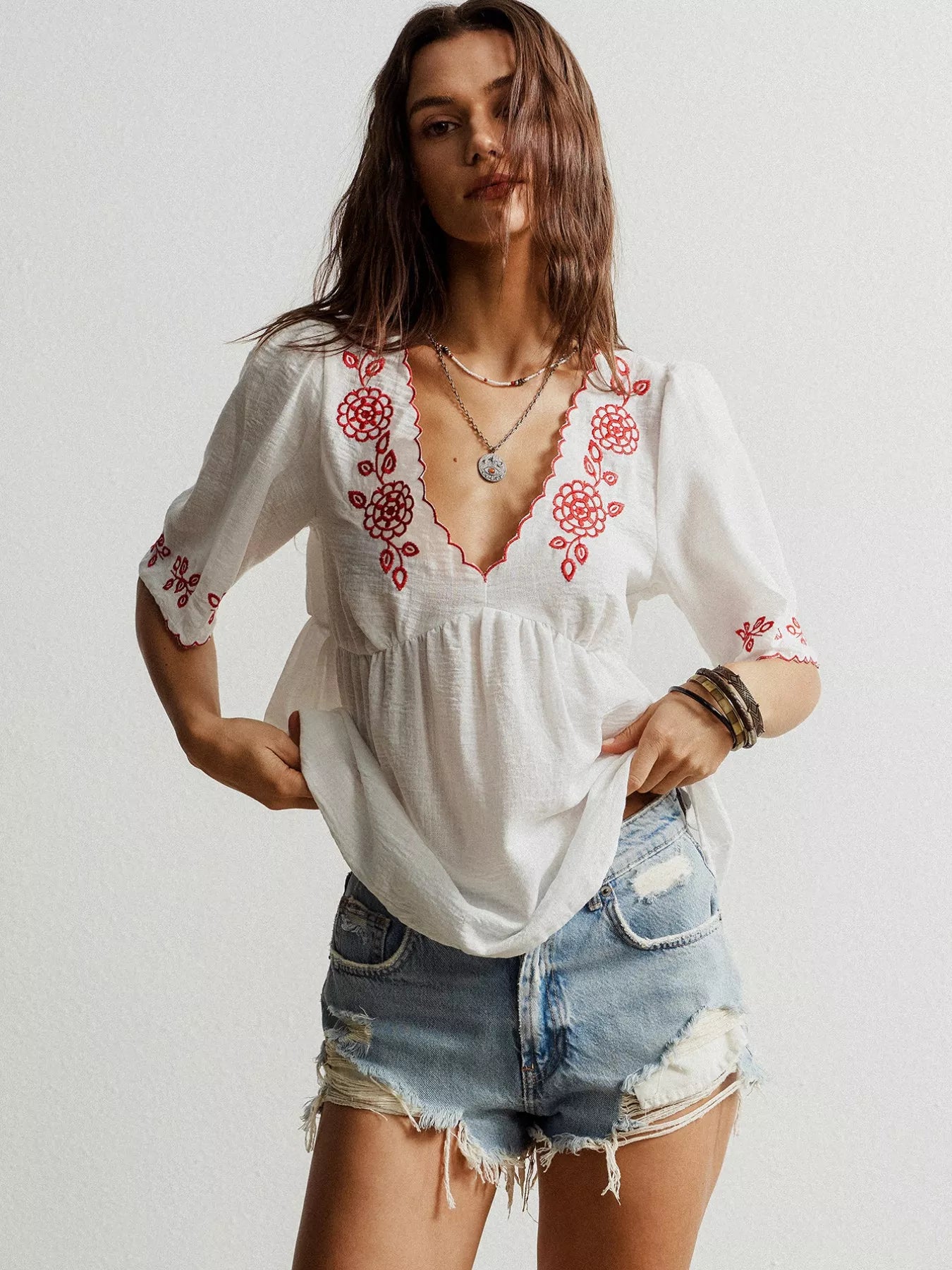 Rusttydustty Embroidered Floral V-Neck Blouse