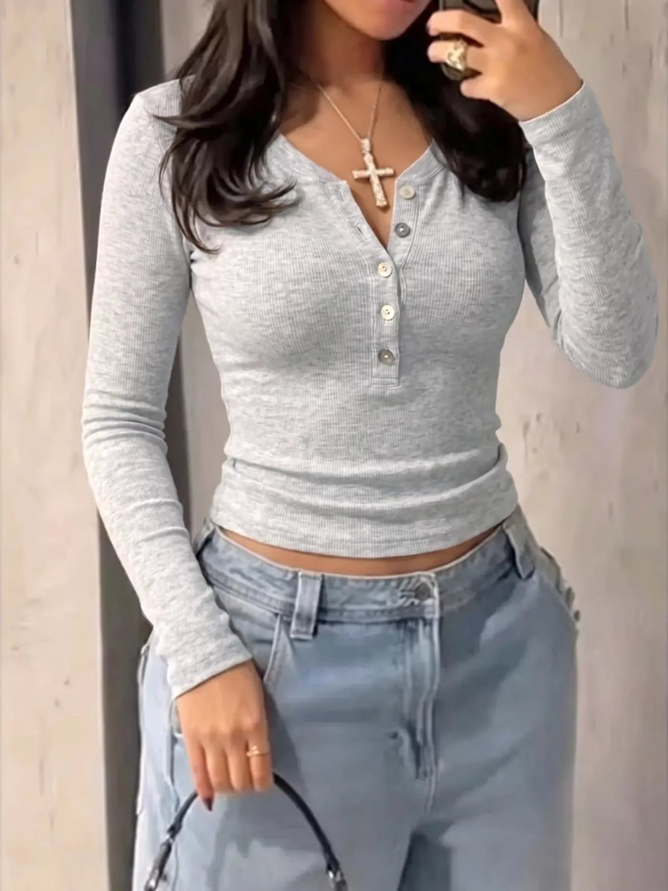 Devine Button Detail Long Sleeve T-Shirt