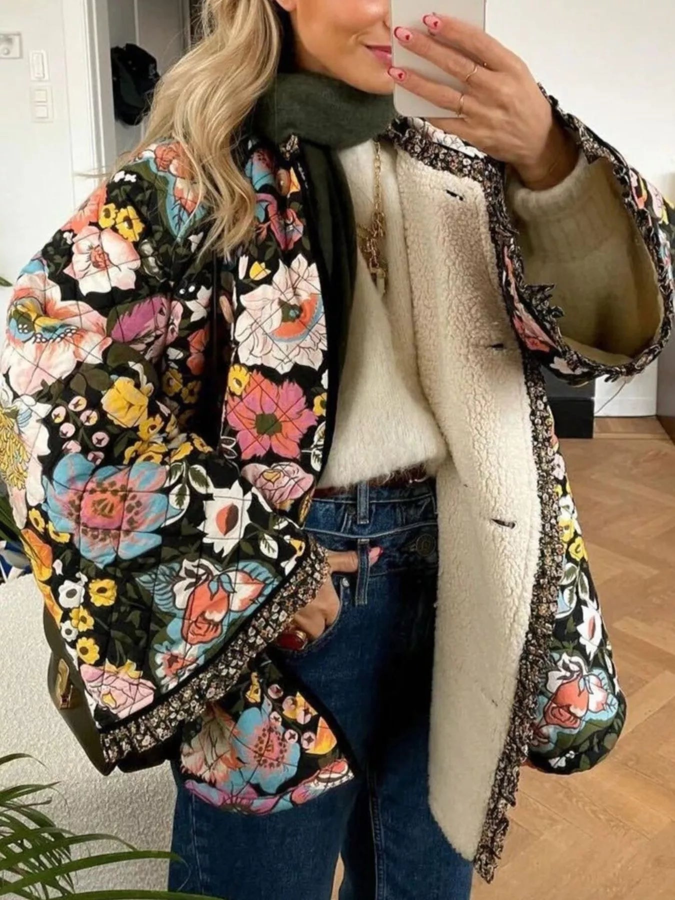 ImaginativeDesign Full Size Floral Print Quilted Sherpa-Lined Jacket Plus Size