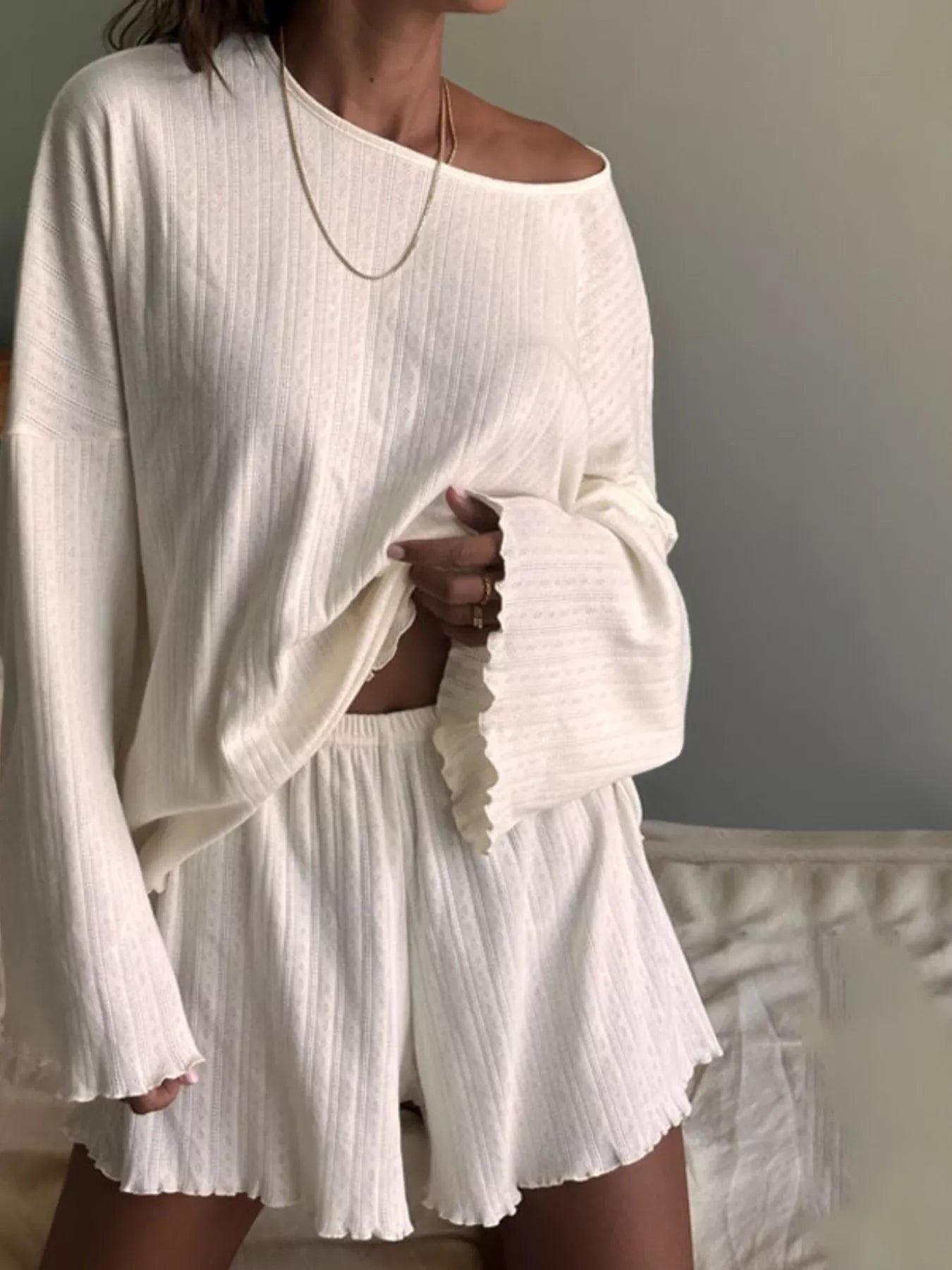 Smooth Network Ribbed Knit Long Sleeve Top and Shorts Lounge Set