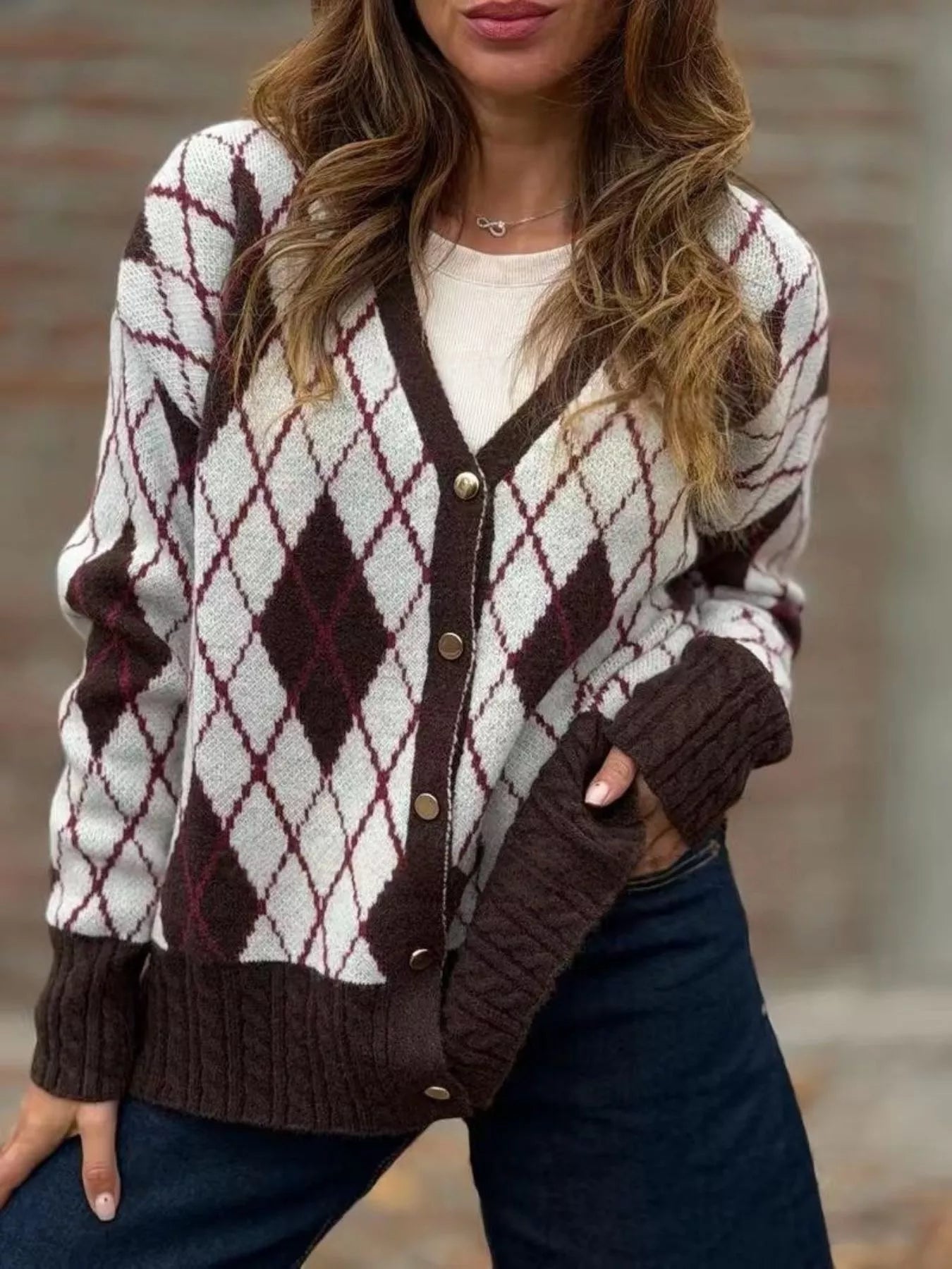 Averin Full Size Argyle Pattern V-Neck Button-Down Knit Cardigan Plus Size